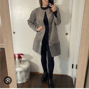 Zara Gray Faux Suede & Fur Contrast Longline Button coat small gray grey